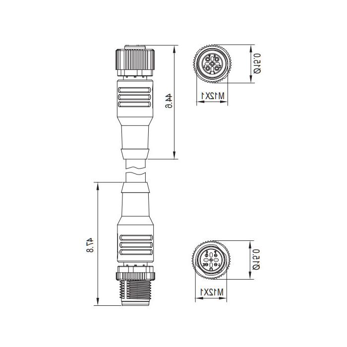 M12 4Pin、公头直型转母头直型、双端预铸PVC非柔性电缆、带屏蔽、红色护套、0C4281-XXX